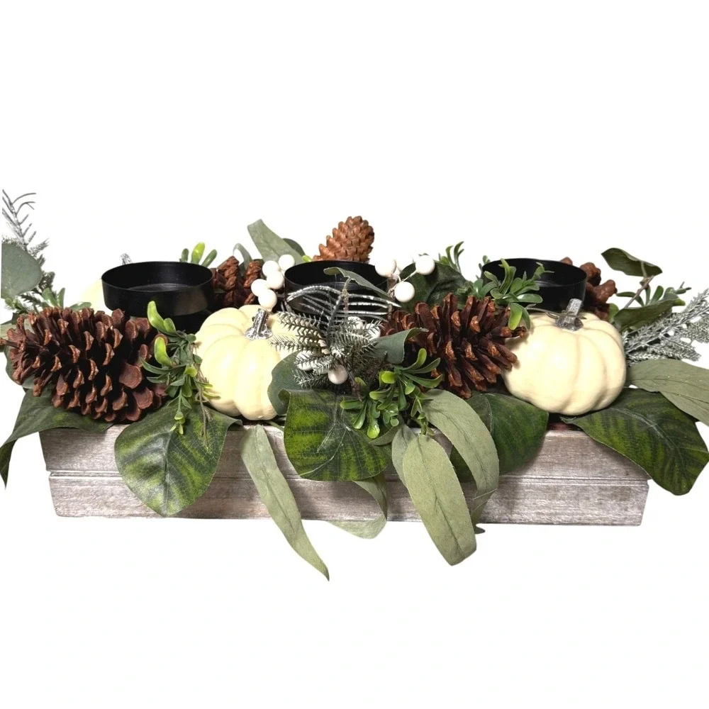 Rustic Farmhouse Woodlook Candle Centerpiece White Pumpkins Pine Cone Fall Decor